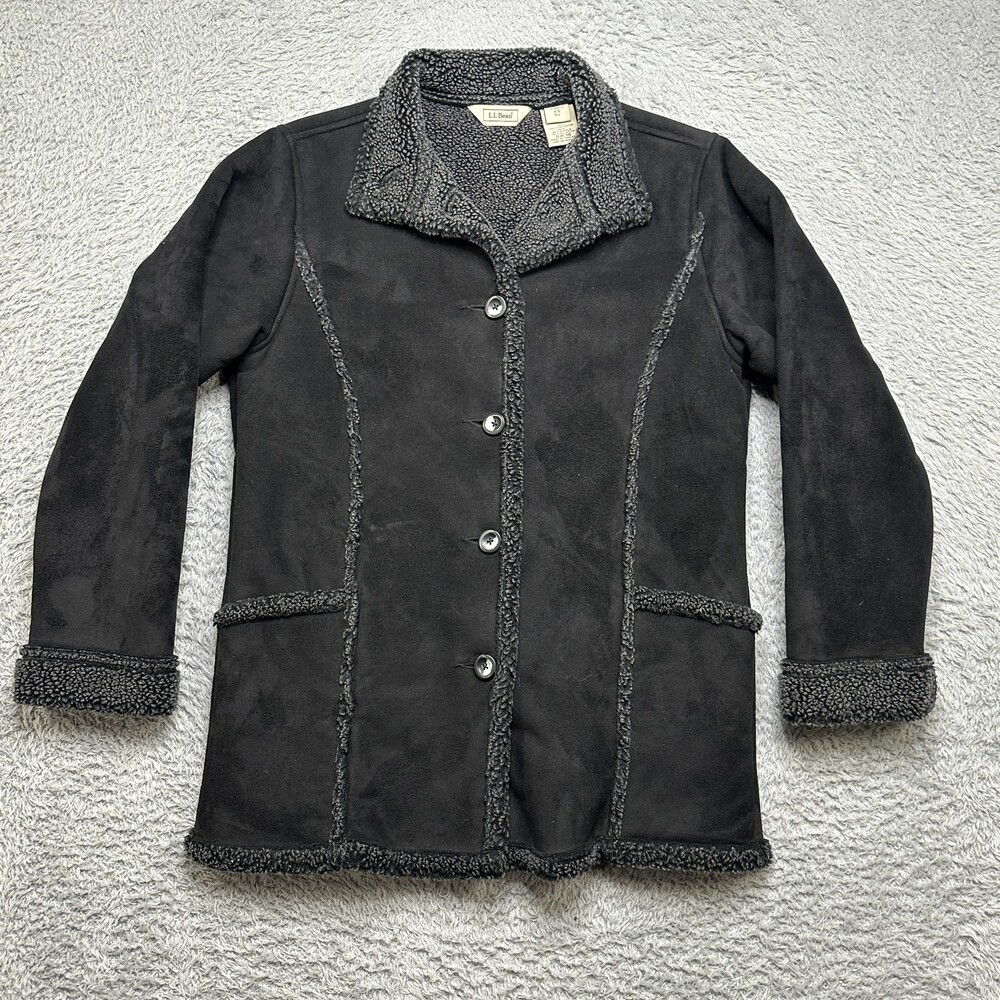 LL Bean Coat Womens XS Black Faux Shearling Sherpa Lined Collar Fall